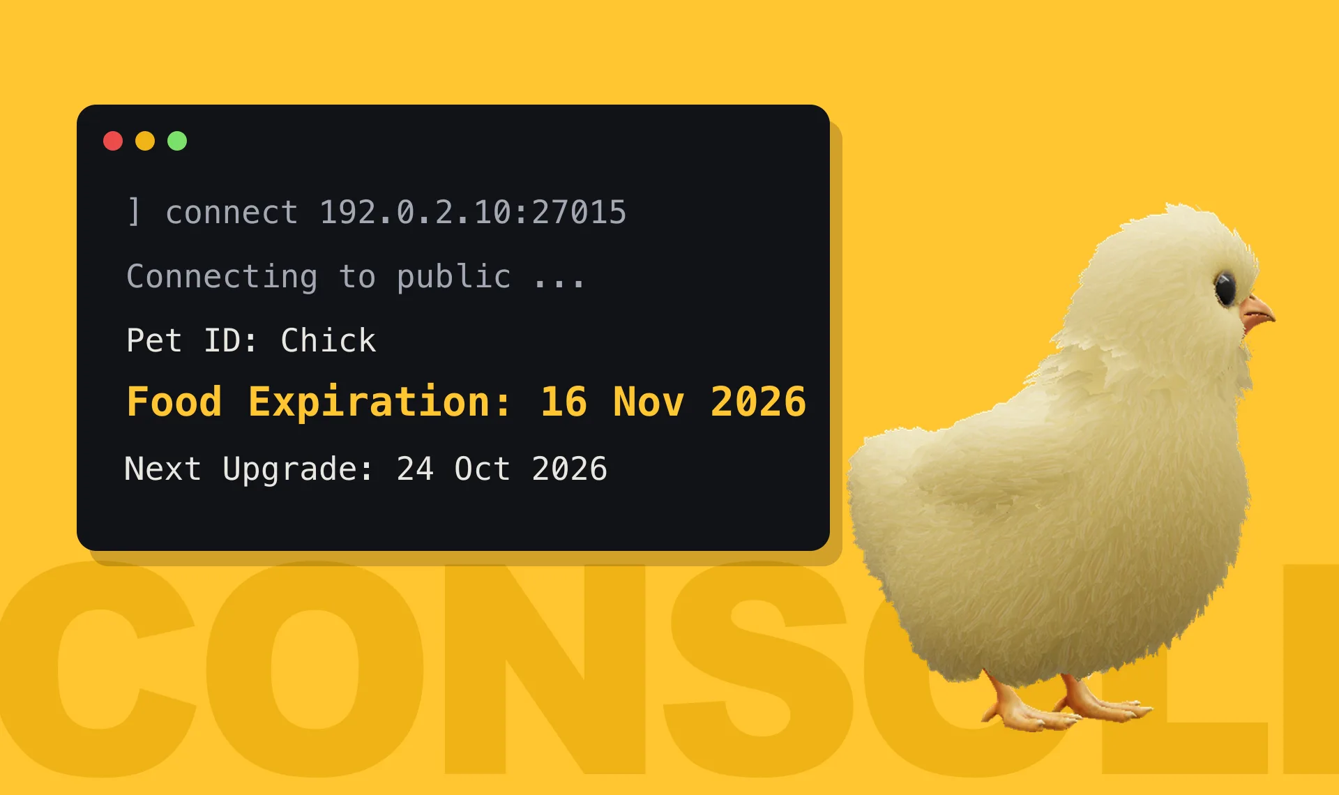 A console window showing a pet's Food Expiration date next to a chick